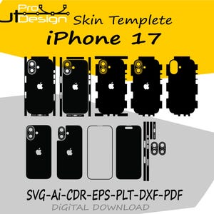 May include: Black iPhone 17 skin templates in various designs, featuring the Apple logo. The image includes multiple phone back and side templates, with the text "Cut Design" and "iPhone 17". The bottom of the image reads "SVG-AI-CDR-EPS-PLT-DXF-PDF DIGITAL DOWNLOAD".