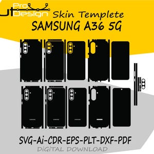 Puede incluir: Plantillas de skins negras para teléfono Samsung A36 5G. La imagen muestra varios diseños recortados para la parte delantera, trasera y laterales del teléfono. El texto "Cut Design" y "Skin Templete" son visibles, junto con información sobre el formato de archivo.