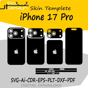 May include: Black iPhone 17 Pro skin template design with multiple cutouts for the camera and phone body. The design includes the Apple logo and the text "iPhone 17 Pro". The image also includes the text "SVG-AI-CDR-EPS-PLT-DXF-PDF DIGITAL DOWNLOAD".