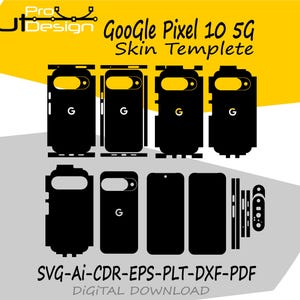 Könnte beinhalten: Schwarze digitale Schnittvorlagen für ein Google Pixel 10 5G Telefon. Das Bild zeigt verschiedene Handy-Skin-Designs, einschließlich Vorder-, Rück- und Seitenansichten. Der Text "Google Pixel 10 5G Skin Templete" wird in Gelb angezeigt.