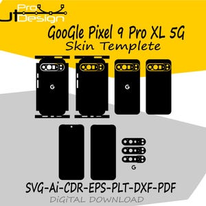 以下が含まれることがあります： Google Pixel 9 Pro XL 5Gスマートフォンの黒いスキンテンプレート。テンプレートには、スマートフォンの前面、背面、カメラアレイの輪郭が含まれています。画像には「Google Pixel 9 Pro XL 5G Skin Templete」と「SVG-AI-CDR-EPS-PLT-DXF-PDF DIGITAL DOWNLOAD」のテキストも含まれています。
