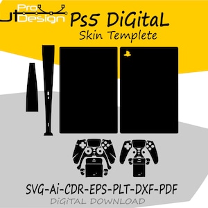 Puede incluir: Una plantilla de piel digital negra para una consola PS5, con diseños recortados para la consola y los mandos. La imagen incluye el texto "Ps5 Digital Skin Templete" y "SVG-AI-CDR-EPS-PLT-DXF-PDF DIGITAL DOWNLOAD".