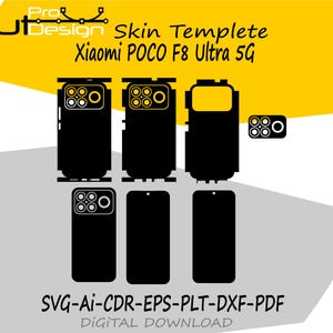 May include: Black skin template design for Xiaomi POCO F8 Ultra 5G phones. The design includes multiple phone outlines and camera cutouts. The text "Cut Design" and "Skin Templete" are visible, along with file type information.