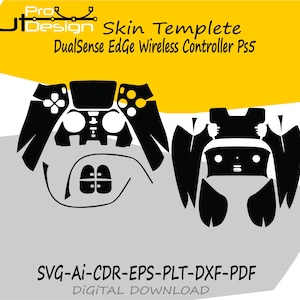Op de afbeelding: Zwart-wit skin template ontwerp voor een DualSense Edge Wireless Controller Ps5. Het ontwerp bevat contouren van de controlleronderdelen, met de tekst "Cut Design" en "Skin Template" linksboven. De onderkant van de afbeelding bevat de tekst "SVG-AI-CDR-EPS-PLT-DXF-PDF DIGITAL DOWNLOAD."
