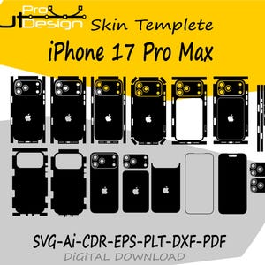 May include: A digital download graphic featuring black iPhone 17 Pro Max skin templates. The image includes various cut designs for the phone's front, back, and sides. Text includes "Cut Design" and "iPhone 17 Pro Max". File formats: SVG, AI, CDR, EPS, PLT, DXF, PDF.