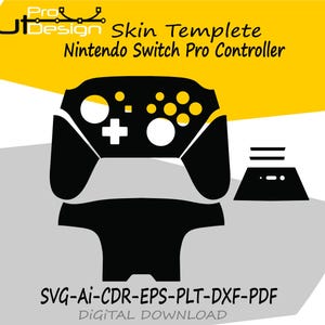 Pode incluir: Design de modelo de skin em preto e branco para um comando Nintendo Switch Pro. O design inclui o contorno do comando, os botões e o texto "Skin Templete Nintendo Switch Pro Controller". A imagem também inclui o texto "SVG-AI-CDR-EPS-PLT-DXF-PDF DIGITAL DOWNLOAD".