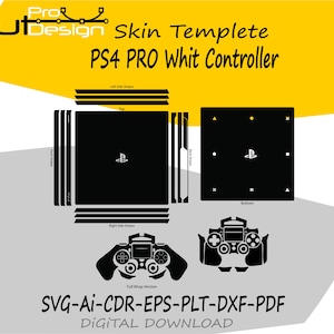 Puede incluir: Una plantilla de piel en blanco y negro para una consola y un mando PS4 Pro. El diseño incluye paneles superior, lateral e inferior, además de skins para el mando. El texto incluye "Skin Templete PS4 PRO Whit Controller" y "SVG-AI-CDR-EPS-PLT-DXF-PDF DIGITAL DOWNLOAD."