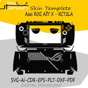 May include: Black and white digital illustration of an Asus ROG Ally X - RC72LA skin template. The design includes the text "Cut Design" and "Skin Template". The bottom of the image includes the text "SVG-AI-CDR-EPS-PLT-DXF-PDF DIGITAL DOWNLOAD".