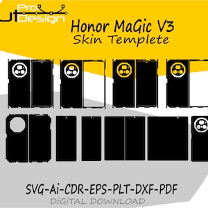 May include: A digital template for the Honor Magic V3 phone skin. The image shows black and white cut-out designs of the phone's parts, including the front, back, and sides. The text "Honor Magic V3 Skin Template" is displayed in black, and the file formats are listed below.