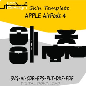 Könnte beinhalten: Schwarze Skin-Vorlage für Apple AirPods 4. Das Design umfasst Umrisse für das Gehäuse und einzelne Komponenten. Das Bild zeigt den Text "Cut Design" und "Skin Template" in Weiß sowie Dateiformatoptionen.