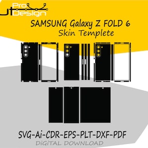 Puede incluir: Plantilla de piel negra para un teléfono Samsung Galaxy Z Fold 6. El diseño incluye varios recortes para los componentes del teléfono. La imagen también incluye el texto "SAMSUNG Galaxy Z FOLD 6 Skin Templete" y "SVG-AI-CDR-EPS-PLT-DXF-PDF DIGITAL DOWNLOAD."