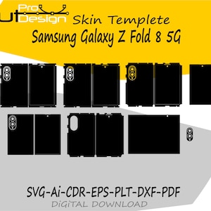 May include: A digital skin template for the Samsung Galaxy Z Fold 8 5G, featuring black vector outlines of various phone components including camera modules and device panels. The text reads Pro Cut Design, Skin Templete, and SVG-Ai-CDR-EPS-PLT-DXF-PDF.