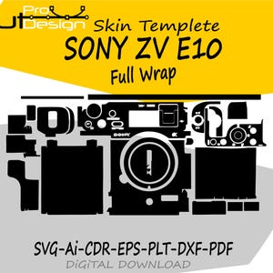 Può includere: Modello di design di taglio digitale in bianco e nero per una fotocamera Sony ZV E10. Il modello include il testo "SONY ZV E10 Full Wrap" e "SVG-AI-CDR-EPS-PLT-DXF-PDF DIGITAL DOWNLOAD". Il design è su uno sfondo giallo e bianco.