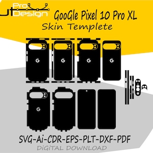 Puede incluir: Plantillas de corte digital negras para un teléfono Google Pixel 10 Pro XL. Las plantillas incluyen varios diseños de skins para teléfonos, con la letra "G" visible en algunos. La imagen también incluye el texto "Google Pixel 10 Pro XL Skin Templete" y "SVG-AI-CDR-EPS-PLT-DXF-PDF DIGITAL DOWNLOAD".