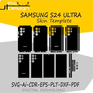 May include: Black skin templates for a Samsung S24 Ultra phone, featuring various cutouts for the camera and buttons. The design includes multiple pieces for the front, back, and sides of the phone. The text on the image reads "SAMSUNG S24 ULTRA Skin Templete".
