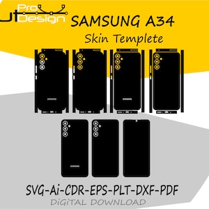 Puede incluir: Plantillas de piel negras para un teléfono Samsung A34, con líneas de corte y detalles de la cámara. La imagen incluye múltiples plantillas en varias orientaciones. El texto incluye "SAMSUNG A34 Skin Templete" y "SVG-AI-CDR-EPS-PLT-DXF-PDF DIGITAL DOWNLOAD".