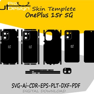 Puede incluir: Plantillas de piel negras para un teléfono OnePlus 15r 5G. Las plantillas muestran contornos para la parte delantera, trasera y laterales del teléfono, con recortes para la cámara y los botones. La imagen incluye el texto "Skin Templete OnePlus 15r 5G" y "SVG-AI-CDR-EPS-PLT-DXF-PDF DIGITAL DOWNLOAD."