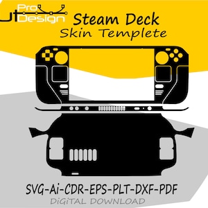 Puede incluir: Diseño de plantilla de skin Steam Deck en blanco y negro. La imagen presenta una vista superior e inferior del dispositivo, con el texto "Steam Deck Skin Templete" y "SVG-AI-CDR-EPS-PLT-DXF-PDF DIGITAL DOWNLOAD".