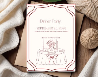 Dinner Party Invitation, Hand Drawn Editable 5x7 Canva Template, Personalized and Customized Invite