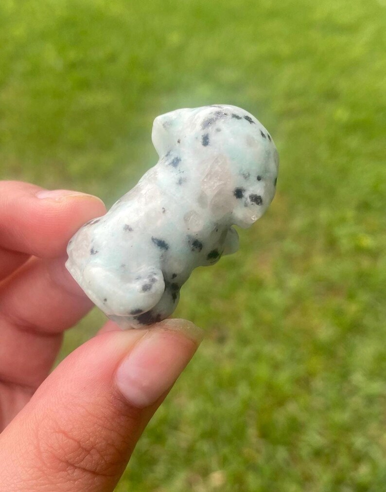 May include: A small, carved dog figurine in a seated pose. The sculpture is made of a pale green stone with black speckles. The dog has rounded ears and a small tail. The figurine is held in a hand, with a green background.