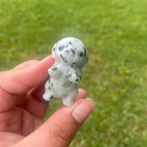 May include: A small, light green dog figurine with black spots. The dog is standing upright. The figurine is held in a hand against a backdrop of green grass. The figurine is made of stone.