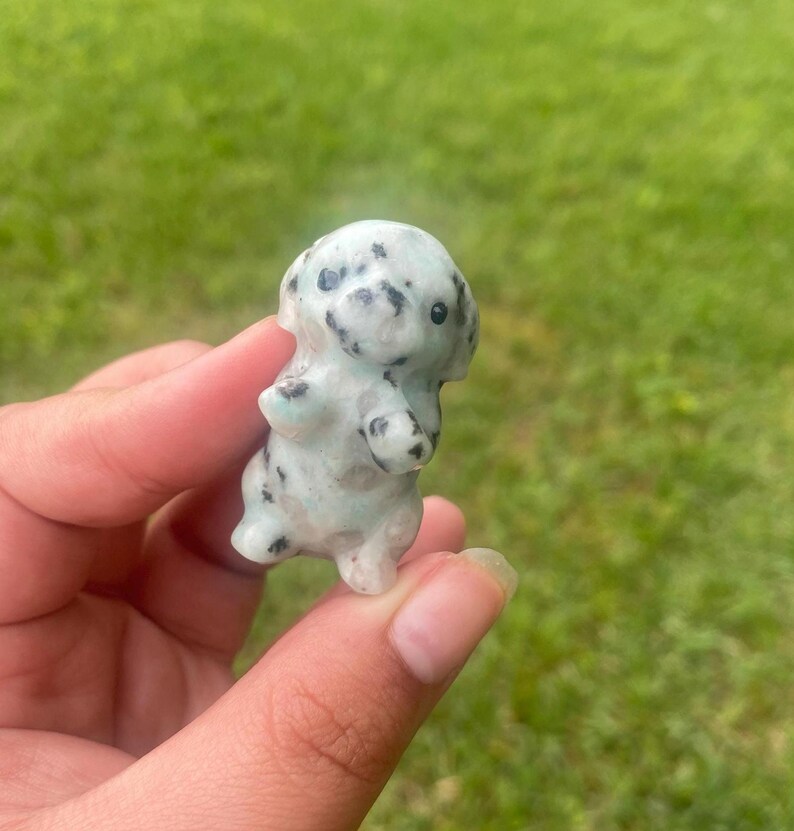 May include: A small, light green dog figurine with black spots. The dog is standing upright. The figurine is held in a hand against a backdrop of green grass. The figurine is made of stone.