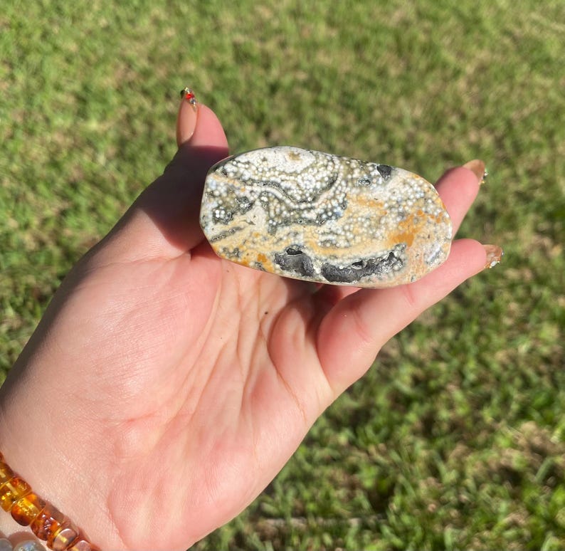 May include: A polished, oblong stone with a speckled pattern of white, gray, and black spots, and areas of tan and orange. The stone is held in a hand against a backdrop of green grass. The stone's surface is smooth and appears to be natural.