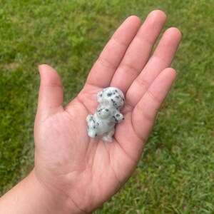 May include: A small, light-coloured figurine of a Dalmatian dog with black spots. The dog is standing upright with its front paws together. The figurine is held in an open hand against a backdrop of green grass.