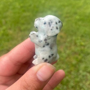 May include: A small, carved dog figurine in a sitting pose. The dog is light green with black spots, possibly made of stone. The figurine is held in a hand against a backdrop of green grass. The dog's design resembles a Dalmatian.