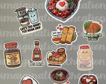 May include: A collection of colorful food-themed stickers. Designs include a heart-shaped plate of food, spring rolls, sushi, a bottle of fish sauce, and a bottle of Yakult. Text includes "Life's too short for weak drip" and "The OG Drip."
