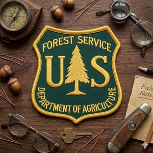May include: A Forest Service patch with gold lettering and a pine tree design, surrounded by a gold border. The patch is on a wooden surface with a compass, acorns, glasses, and a pocket knife.