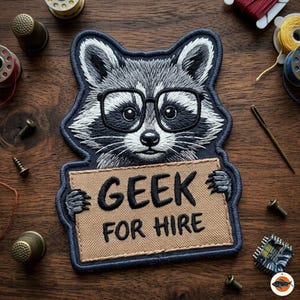 Geek For Hire Raccoon Embroidered Patch Funny Animal with Glasses Iron On Badge for Jackets and Tech Bags