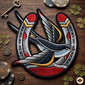 Swallow Bird and Horseshoe Embroidered Patch Traditional Tattoo Style Lucky Charm Iron On Badge for Clothing