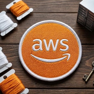 AWS Amazon Web Services Logo Embroidered Patch Orange Round Tech Skill Badge Iron On For IT Professionals Developer Jackets And Bags