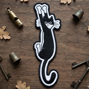 Funny Long Black Cat Embroidered Patch Tall Stretching Kitten Iron On Badge For Jackets Backpacks And Clothing Custom Embroidery