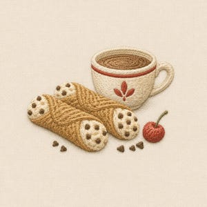 May include: A textile art piece featuring two tan crocheted cannoli with brown chocolate chips, a cream-colored crocheted coffee cup with a red leaf motif and brown liquid, and a small red crocheted cherry with a green stem and loose chips.