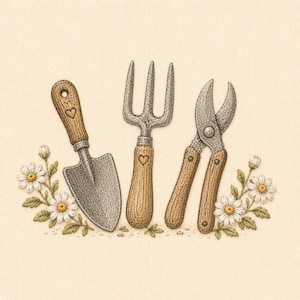 Può includere: Un'illustrazione ricamata che raffigura una paletta da giardinaggio, una forca a tre denti e cesoie con manici in legno, ciascuno contrassegnato da un piccolo cuore. Gli attrezzi sono circondati da fiori di margherita bianchi con centro giallo.