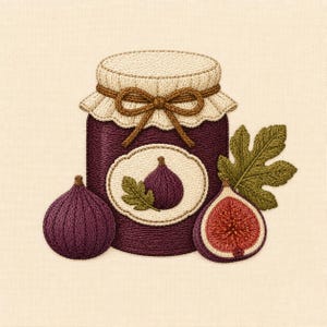 Disegno per ricamo a macchina di marmellata di fichi, barattolo di confettura di fichi viola, file di ricamo per cucina autunnale in stile cottagecore.