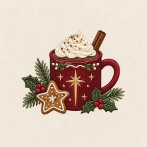Disegno per ricamo di una tazza di cioccolata natalizia, schema per ricamo di una macchina da caffè per le feste, file di ricamo di una tazza di pan di zenzero, decorazione festiva invernale per la cucina.