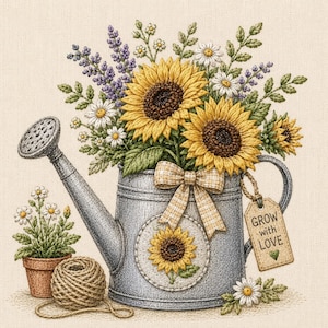 May include: Embroidered image of a watering can filled with sunflowers, daisies, and lavender. A small sunflower is embroidered on the watering can. A tag reads "Grow with Love". A ball of twine and a potted plant are also present.