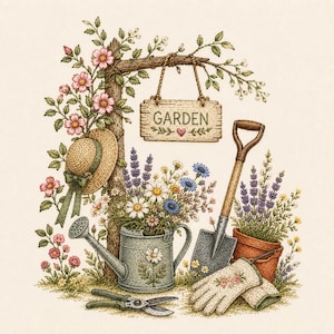 Könnte beinhalten: Eine Illustration einer Gartenszene. Ein Holzschild mit dem Wort "GARDEN" hängt an einem Ast. Ein Strohhut, eine Gießkanne, eine Schaufel und Gartenhandschuhe sind zu sehen. Blumen in Töpfen und eine Gießkanne vervollständigen die Szene.
