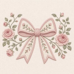 May include: An embroidered design featuring a central bow in soft pink and cream tones, decorated with delicate floral patterns. The bow is flanked on both sides by intricate climbing rose vines with pink blossoms and sage green leaves.