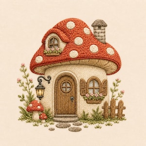May include: An embroidery design featuring a mushroom-shaped house with a red cap and white spots, a brown wooden door, a stone chimney, and a lantern. The scene includes small flowers, green foliage, a wooden fence, and two smaller mushrooms.