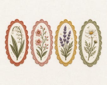 Vintage Floral Frame Embroidery Bundle, Lily of the Valley Cosmos Lavender Daisy, 4 Oval Botanical Machine Embroidery Files