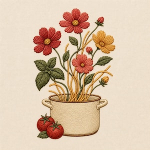 Floral Pasta Pot Machine Embroidery Design, Tomato and Cosmos Kitchen Bouquet, Italian Cooking Digital Embroidery File