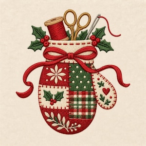 Puede incluir: Un parche bordado que muestra una manopla de patchwork roja y verde decorada con acebo, un lazo rojo, un carrete de hilo rojo, tijeras doradas y una aguja plateada. El diseño incluye motivos de copos de nieve y corazones blancos.