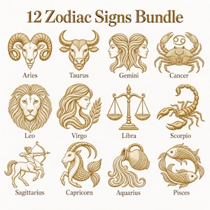 Può includere: Una collezione di 12 illustrazioni dorate dei segni zodiacali intitolata 12 Zodiac Signs Bundle. Il set presenta disegni al tratto dettagliati di Aries, Taurus, Gemini, Cancer, Leo, Virgo, Libra, Scorpio, Sagittarius, Capricorn, Aquarius e Pisces.