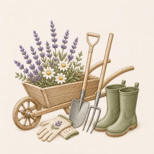 Könnte beinhalten: Eine gestickte Illustration einer hölzernen Schubkarre, gefüllt mit violetten Lavendelzweigen und weißen Gänseblümchen. Neben der Schubkarre stehen eine Metallschaufel, eine Gartenforke, ein Paar helle Handschuhe mit Lavendel und olivgrüne Stiefel.