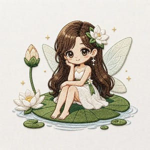 White Lotus Fairy Embroidery Machine Design, Cute Water Lily Pixie Digital File, Pond Fairy Embroidery Pattern in PES DST EXP, 5 Sizes