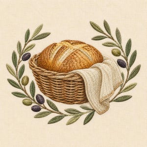 May include: An embroidery design featuring a golden brown loaf of bread in a woven basket, draped with a cream-colored cloth. The basket is surrounded by a circular wreath of green olive leaves and small dark purple and light green olives.